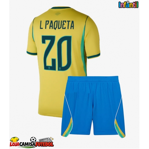 Camisa de Futebol Brasil Lucas Paqueta #20 Equipamento Principal Infantil Mundo 2026 Manga Curta (+ Calças curtas)